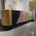 Art Deco Luxury TV Stand with White Marble Top Color Block Panels and Fluted Black Doors